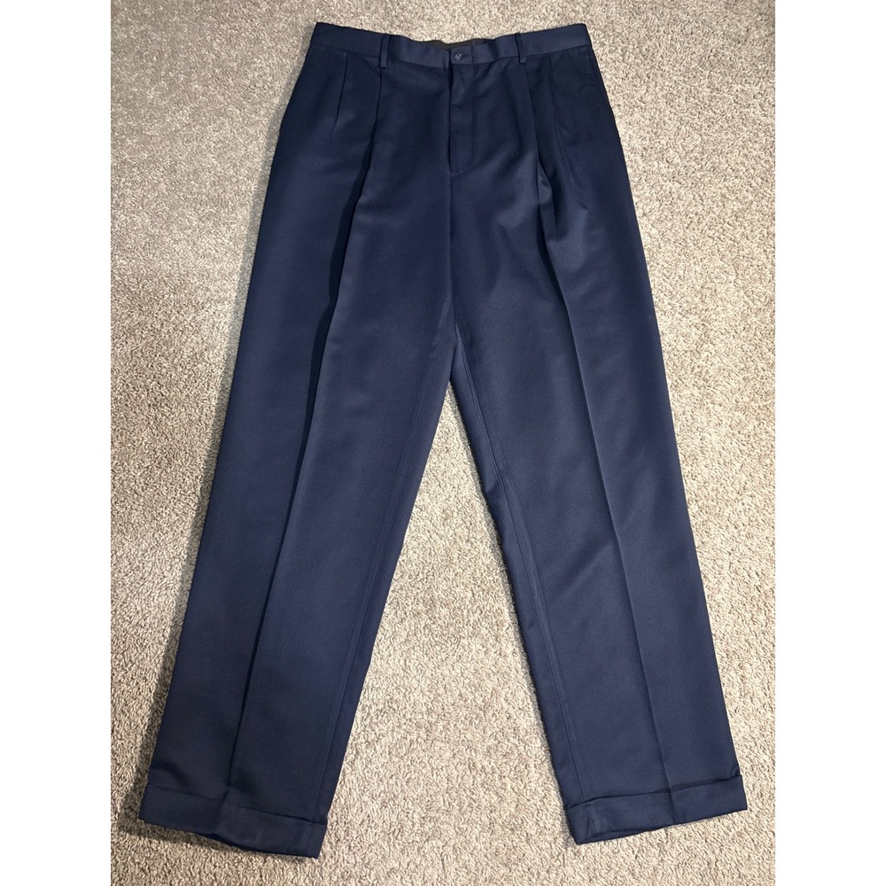 Ivy Crew Mens Navy Blue Pleated Microfiber Dress Pants 36x34 Cuffed Trousers